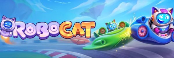 Baner Robocat Casino z robotem w kształcie kota trzymającym telefon